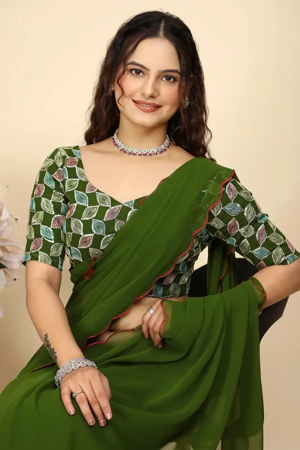 Olive_Green_Reniyal_Scalloped_Border_Saree_For_Women