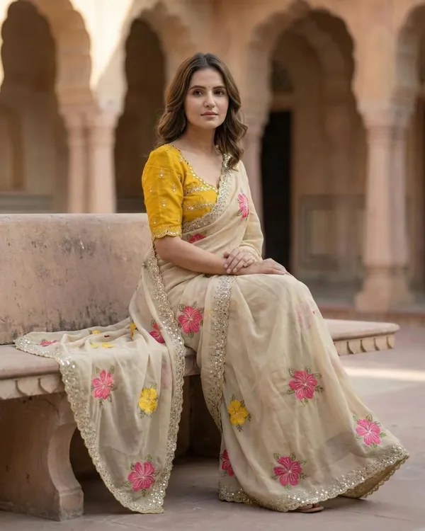 Beige_Georgette_Floral_Embroidered_Mirror_Work_Saree_For_Women