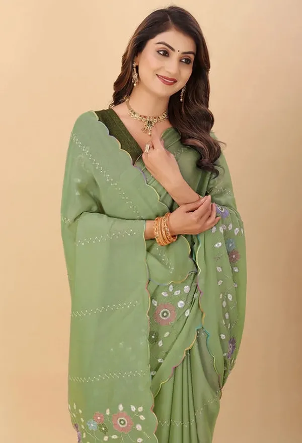 Green_Georgette_Floral_Embroidered_Scalloped_Saree_For_Women