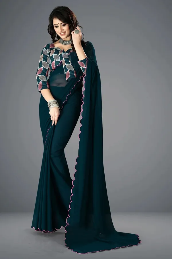 Teal_Georgette_Scalloped_Border_Printed_Blouse_Saree_For_Women