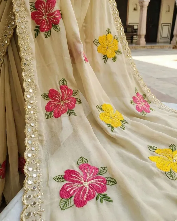 Beige_Georgette_Floral_Embroidered_Mirror_Work_Saree_For_Women