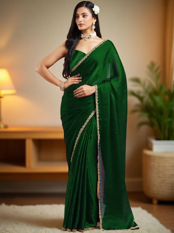 Emerald_Green_Chiffon_Golden_Border_Saree_For_Women