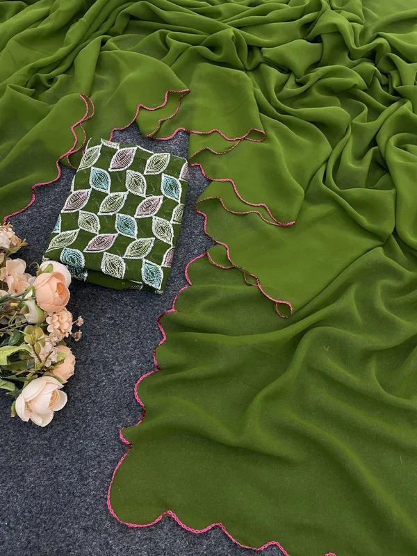 Olive_Green_Reniyal_Scalloped_Border_Saree_For_Women