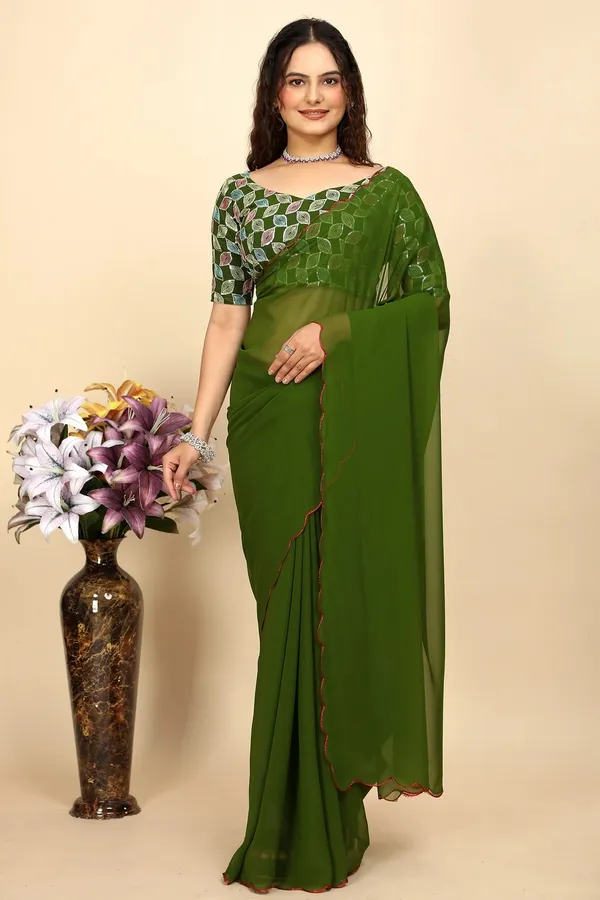 Olive_Green_Reniyal_Scalloped_Border_Saree_For_Women