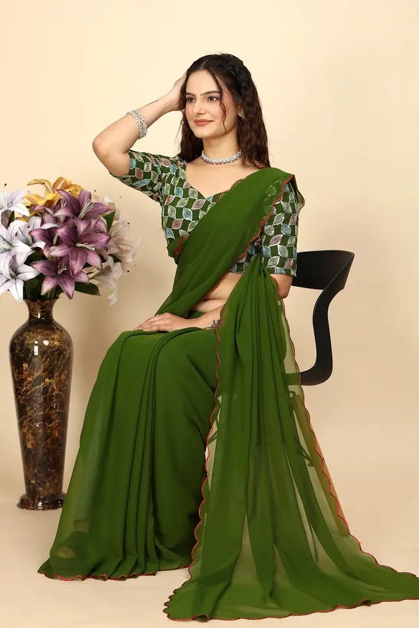 Olive_Green_Reniyal_Scalloped_Border_Saree_For_Women