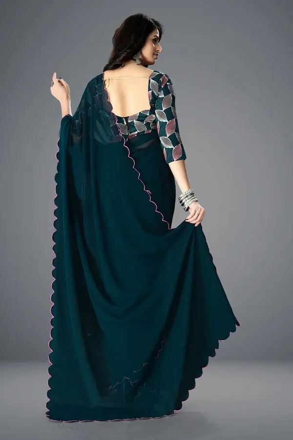 Teal_Georgette_Scalloped_Border_Printed_Blouse_Saree_For_Women
