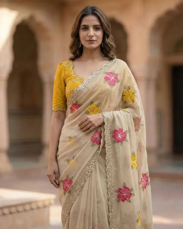 Beige_Georgette_Floral_Embroidered_Mirror_Work_Saree_For_Women