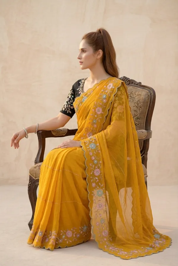 Mustard_Yellow_Georgette_Floral_Embroidered_Saree_For_Women