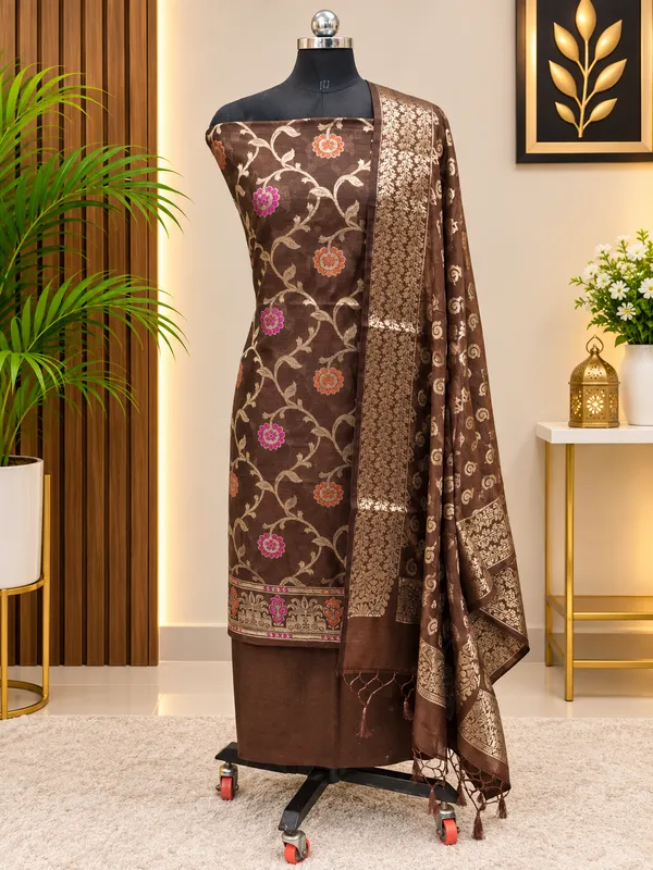 Women's_Chocolate_Brown_Banarasi_Silk_Unstitched_Suit_Set_with_Dupatta