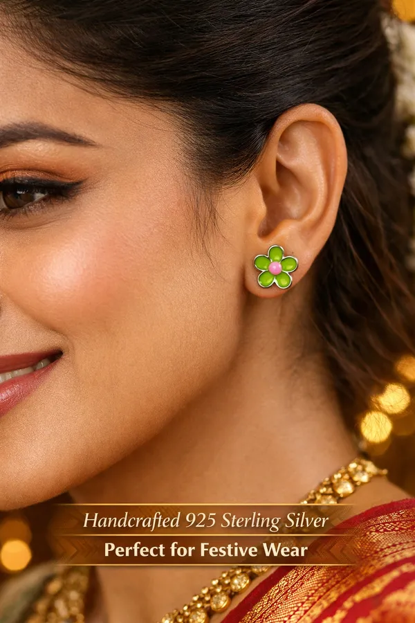 925_Sterling_Silver_Floral_Inspired_Tiny_Premium_Enamel_Green_Colour_Studs__With_South_Screw