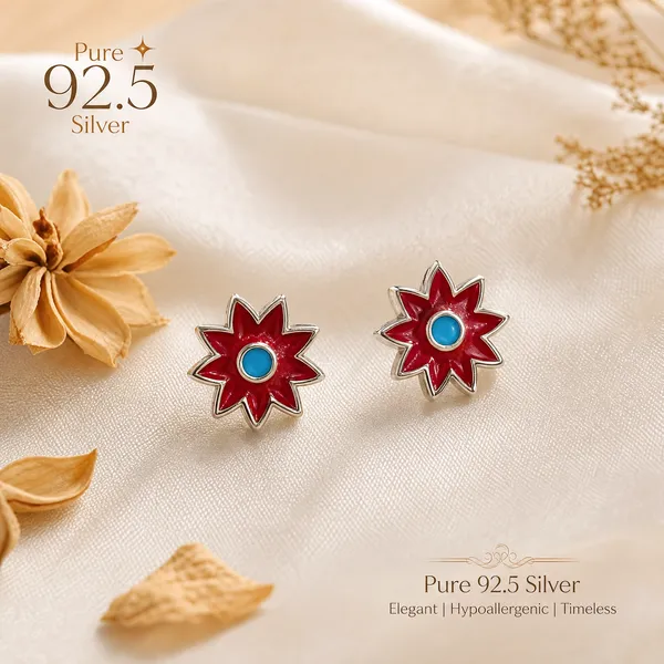 925_Sterling_Silver_Floral_Inspired_Tiny_Premium_Enamel_Red_Colour__Studs_With_South_Screw