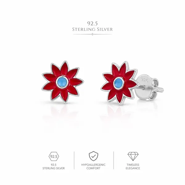 925_Sterling_Silver_Floral_Inspired_Tiny_Premium_Enamel_Red_Colour__Studs_With_South_Screw