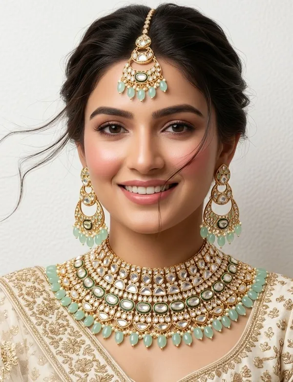 Gold_And__Mint_Green_Brass_Necklace_Set_For_Women
