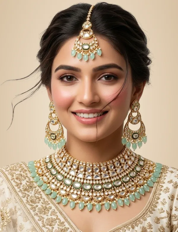 Gold_And__Mint_Green_Brass_Necklace_Set_For_Women