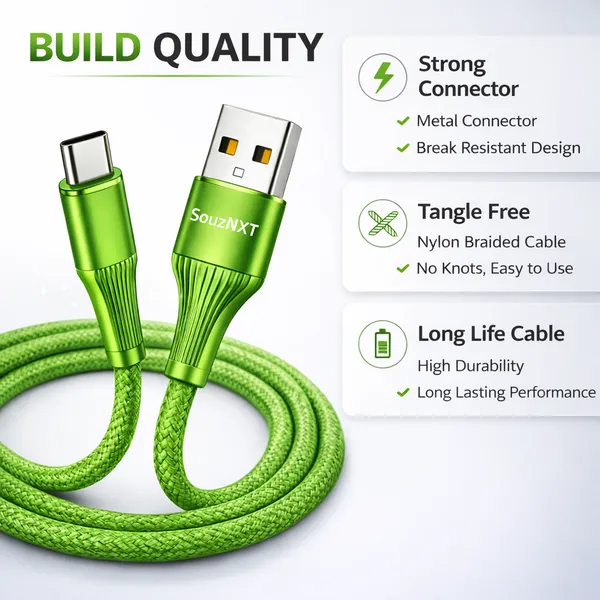 SouzNXT_Usb_Type-C_To_Usb-A_Fast_Charging_&_Data_Sync_Cable_-_1.2M_Green_Nylon_Braided