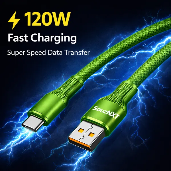 SouzNXT_Usb_Type-C_To_Usb-A_Fast_Charging_&_Data_Sync_Cable_-_1.2M_Green_Nylon_Braided