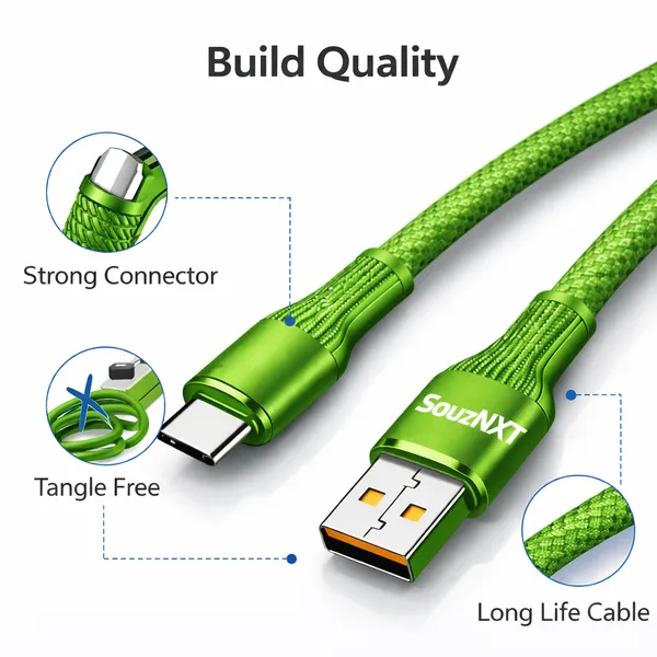 SouzNXT_Usb_Type-C_To_Usb-A_Fast_Charging_&_Data_Sync_Cable_-_1.2M_Green_Nylon_Braided
