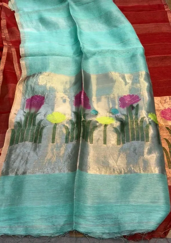Turquoise_Jamdani_Linen_Silk_Saree_With_Floral_Weave_And_Golden_Tissue_Pallu_R