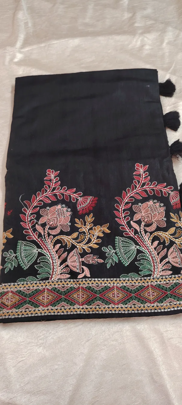 Black_Embroidered_Raw_Tussar_Saree_With_Floral_Motifs_And_Pom-Pom_Border