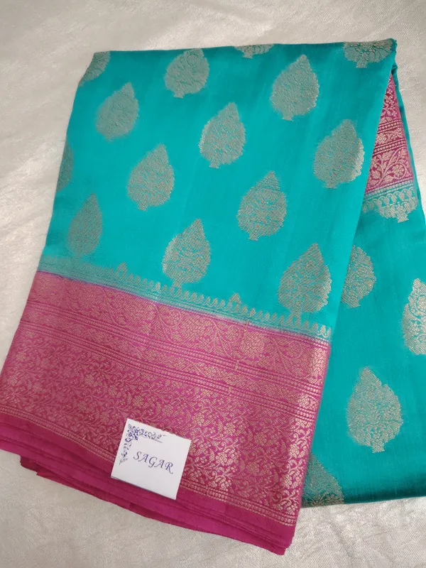 Turquoise_Blue_Banarasi_Silk_Saree_With_Pink_Zari_Border