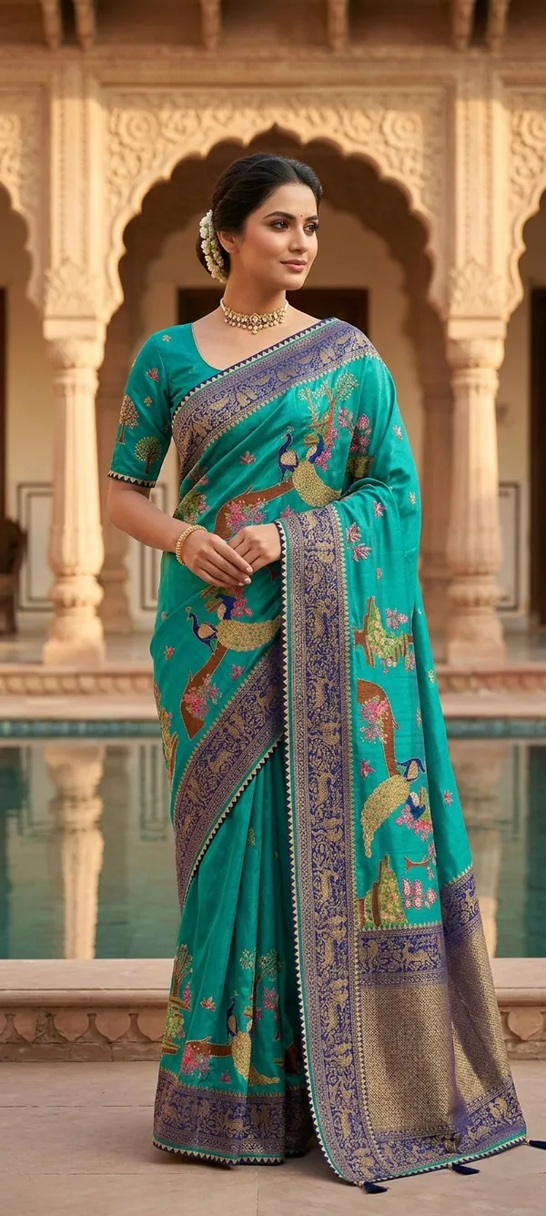 Turquoise_Embroidered_Peacock_Banarasi_Silk_Saree_With_Blue_Border