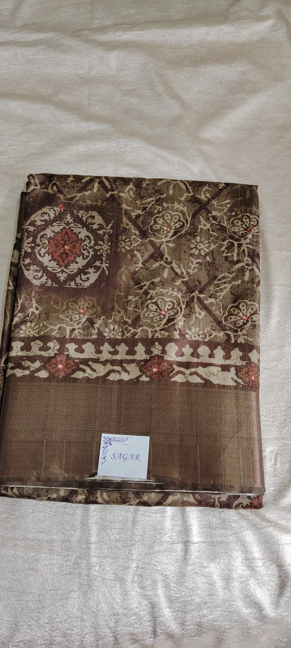 Brown_And_Gold_Ajrakh_Printed_Saree_With_Mirror_Work