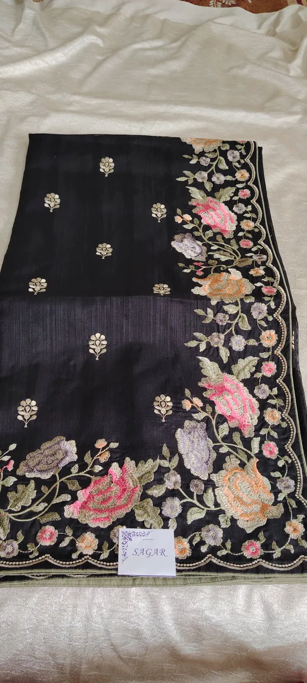 Black_Embroidered_Pure_Matka_Silk_With_Multicolor_Flowers