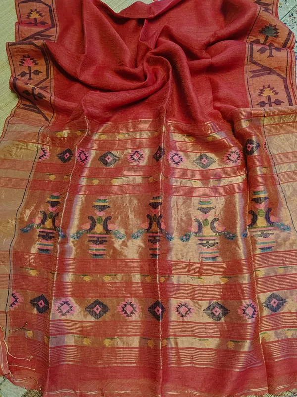 Traditional_Red_Jamdani_Linen_Silk_Saree_With_Woven_Golden_Border_And_Floral_Motifs