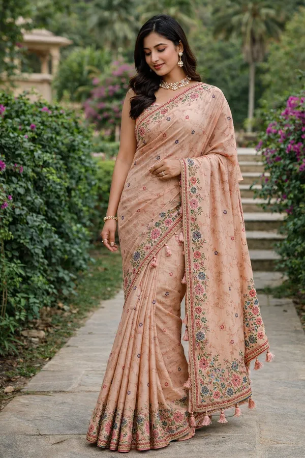 Peach_Cross_Stitch_Embroidered_Jacquard_Crepe_Silk_Saree_With_Tassel_Border