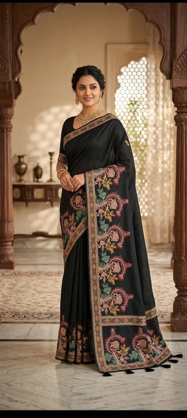 Black_Embroidered_Raw_Tussar_Saree_With_Floral_Motifs_And_Pom-Pom_Border