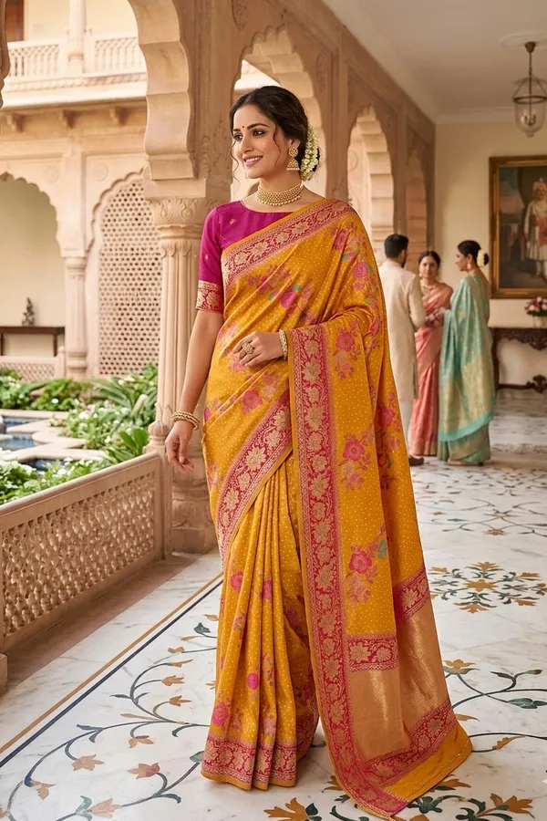 Mustard_Yellow_Silk_Saree_With_Floral_Embroidery_And_Red_Border