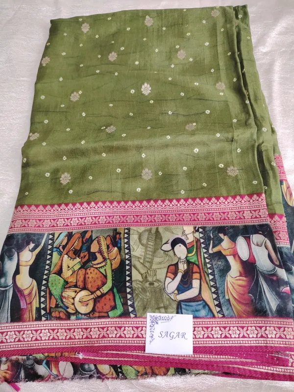 Olive_Green_Mnga_Crape_Silk_Saree_With_Kalamkari_Border