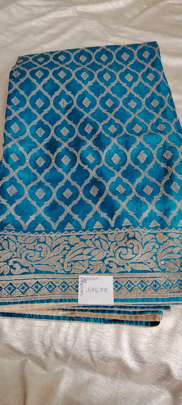 Turquoise_Blue_Banarasi_Tusser_Silk_Saree_With_Golden_Zari_Pitha_Work