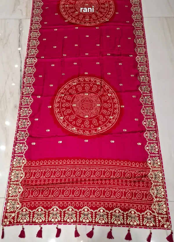 Red_Bandhani_Print_Pure_Soft_Gajji_Silk_Saree_With_Golden_Gota_Patti_Work_And_Tassels