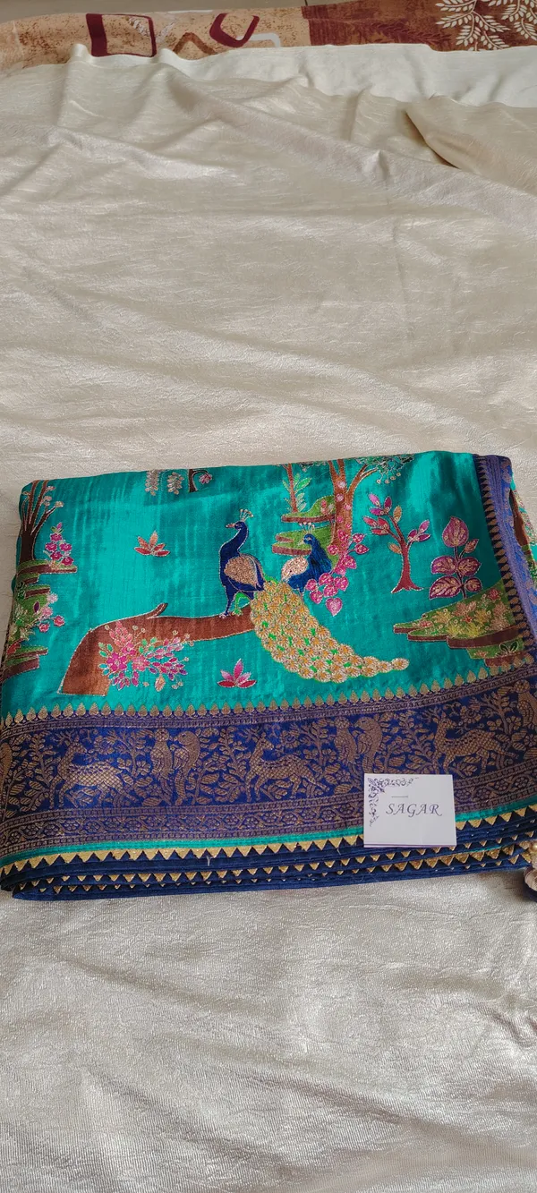 Turquoise_Embroidered_Peacock_Benarasi_Silk_Saree_With_Blue_Border