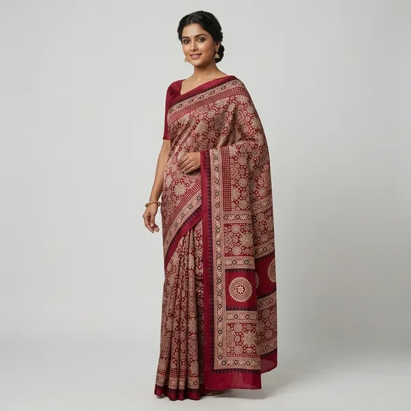 Maroon_Ajrak_Print_Modal_Cotton_Saree