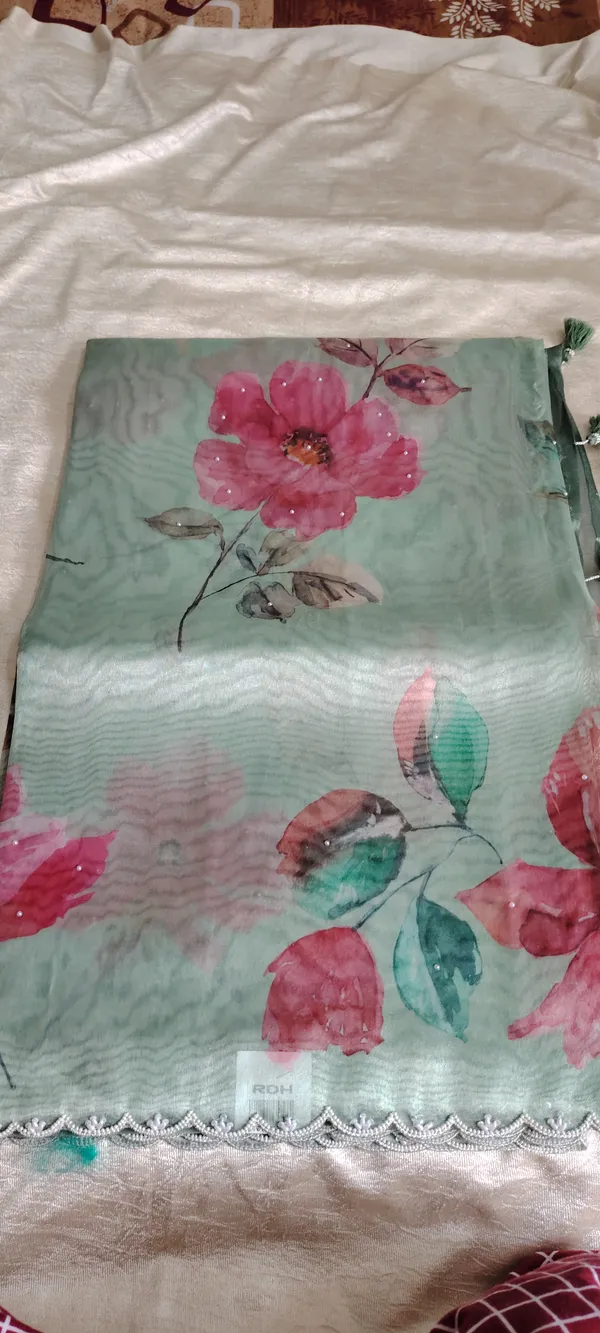 Floral_Printed_Tissue_Organza_Saree_With_Moti_Beads_Border_-_Turquoise_Blue