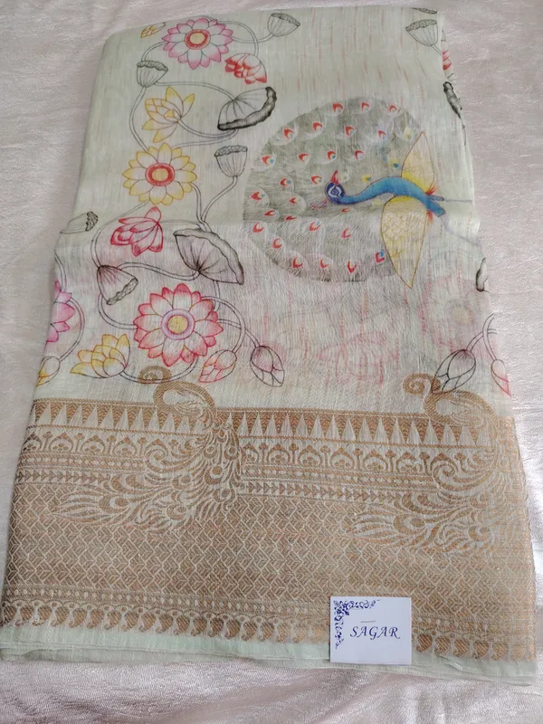 Elegant_Peacock_Printed_Linen_Silk_Saree_With_Floral_Motifs_-