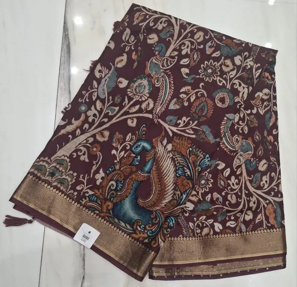Traditional_Gaji_Silk_Kalamkari_Peacock_Print_Saree_With_Golden_Border