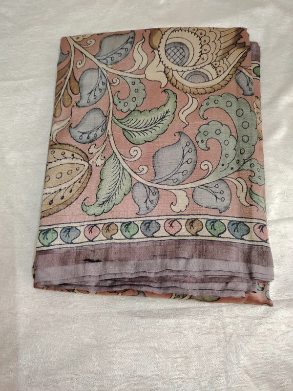 Hand-Painted_Kalamkari_Raw_Tussar_Saree_With_Floral_And_Paisley_Motifs