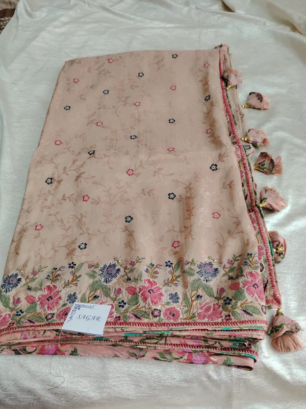 Peach_Cross_Stitch_Embroidered_Jacquard_Crepe_Silk_Saree_With_Tassel_Border