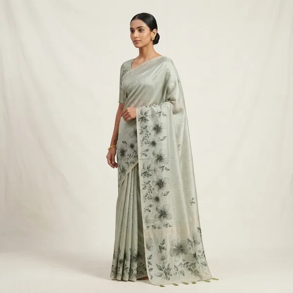 Elegant_Floral_Print_Raw_Silk_Saree_With_Tassels