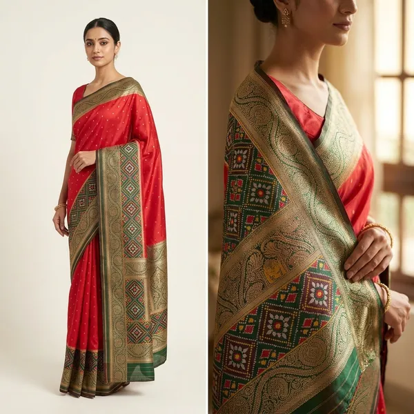 Red_Silk_Saree_With_Multicolor_Geometric_Border_And_Golden_Buti_Work