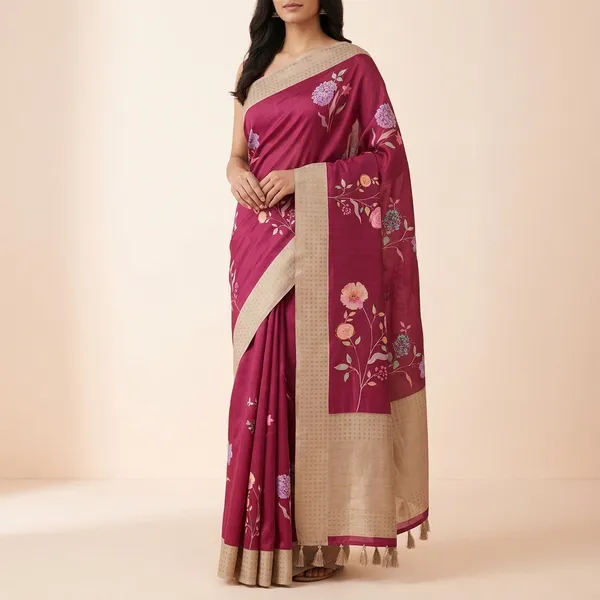 Red_Raw_Silk_Saree_With_Floral_Print_And_Beige_Border
