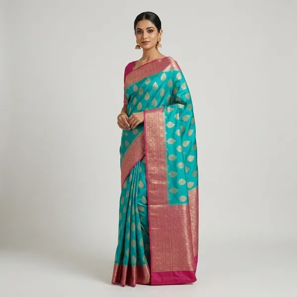 Turquoise_Blue_Banarasi_Silk_Saree_With_Pink_Zari_Border