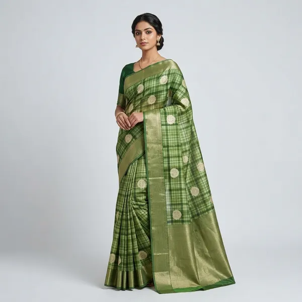 Green_Pure_Chiniya_Silk_Benarasi_Checkered_Saree