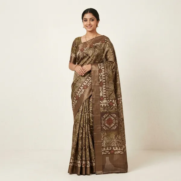 Brown_And_Gold_Ajrak_Printed_Saree_With_Mirror_Work