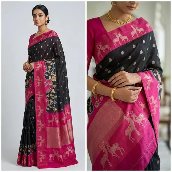 Black_Banarasi_Munga_Soft_Silk_Saree_With_Golden_Floral_Border_And_Pink_Deer_Motif_Pallu