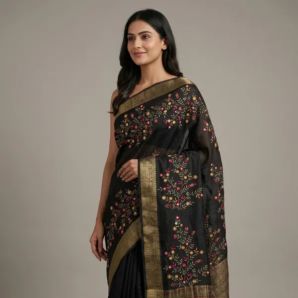 Embroidered_Black_Pure_Dola_Silk_Saree_With_Golden_Floral_Design_And_Striped_Border