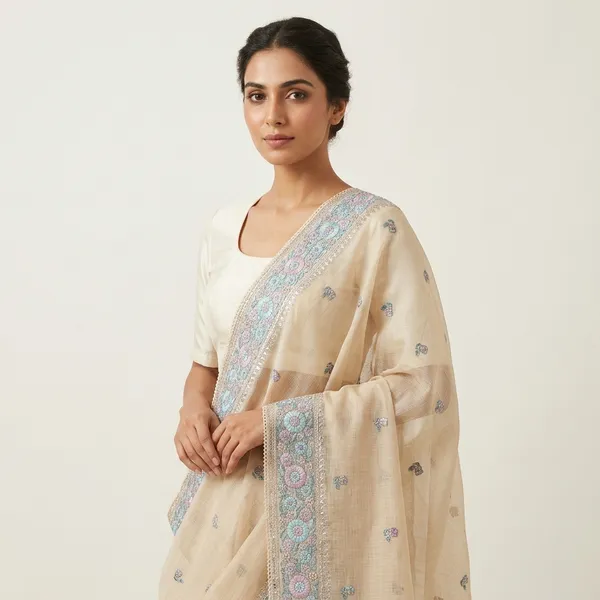 Elegant_Beige_Organza_Kota_Saree_With_Floral_Embroidery_And_Sequin_Border